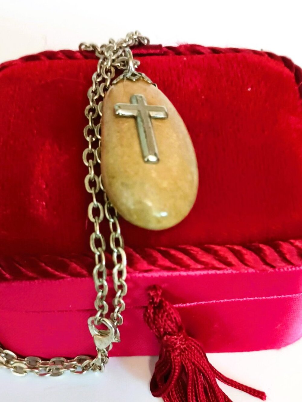Stone & Cross Pendant Necklace 24" Silver & Tan Boho Fall Jewelry
